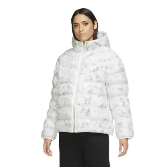 Nike Puffer Jacket Womens White Gray Swoosh Logo Hooded Full Zip UPS940