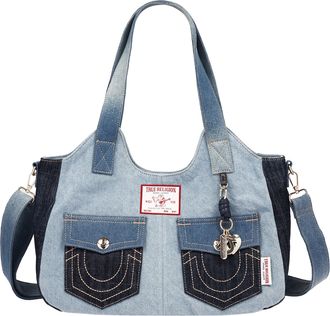 True Religion Color Block Denim Soft Satchel with Detachable Crossbody Strap