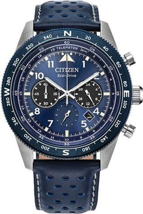Citizen Eco-Drive Leather Strap Chronograph Watch, 43mm in Blue at Nordstrom Rack