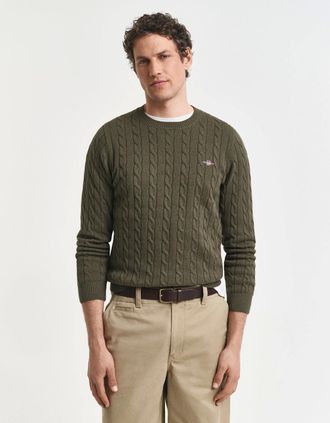 GANT Mens GANT Mens Cotton Cable Knit Crew Neck Jumper - 384 Khaki Green Mel - Tan - Size: 44