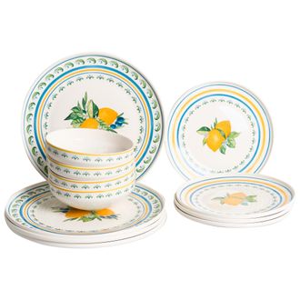 Beliani Vajilla De 12 Piezas De Porcelana Acabado Esmaltado Con Motivo De C&iacute;tricos Y Limones Para 4 Personas Comedor Cocina Blanco Y Verde Tarragon