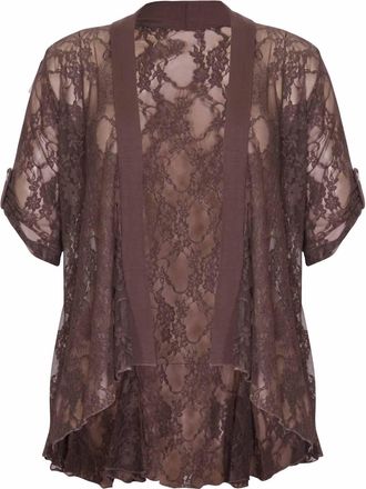 Purple Hanger Womens Floral Lace Short Turn Up Cuff Sleeve Ladies Waterfall Front Open Cardigan Top Plus Size Mocha Size 26 - 28