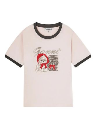 Ganni Ringer T-shirt met hondenprint - Beige