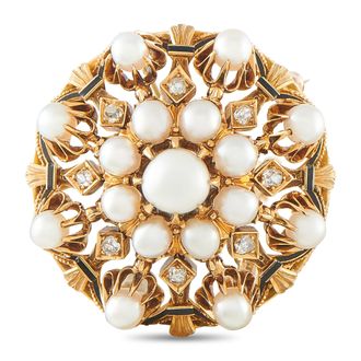 Luxury Bazaar Antique 18K Rose Gold 0.30ct Diamond, Natural Pearl, and Enamel Brooch MF03-091126