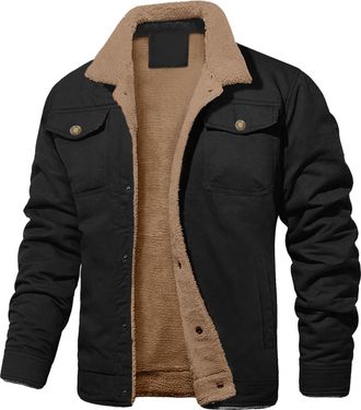 Generic Mens Winter Jackets Sherpa Lined Trucker Fleece Parka Jacket Button up Military Casual Cargo Jacket (UK, Alpha, 3XL, Regular, Regular, Black)