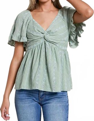 Angie Twisted Front Peplum Top In Desert Sage