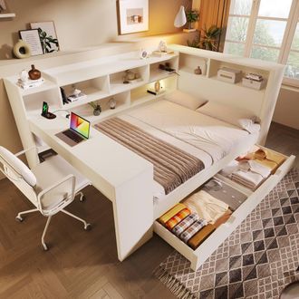Merax White Wood Daybed with Desk Storage & Charging | Size: Single