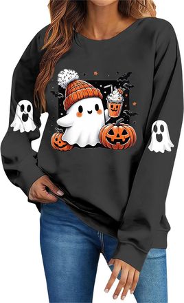 Generic Womens Halloween Sweatshirt Cute Pumpkin Ghost Printed Sweatshirt Slouchy Soft Long Sleeve Sweatshirts Halloween Theme Crew Neck Pullover Tops Casual 