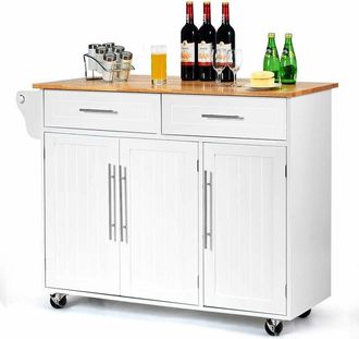Costway Carrello da Cucina, Carrello di Servizio con Ruote e Maniglia, 3 Ante e 2 Cassetti, Ideale per Cucina Ristorante Bar, 122x46x92,3 cm, Bianco - Costway