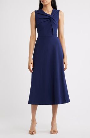 Anne Klein Twist Neck A-Line Midi Dress in Deeep Navy at Nordstrom, Size 16