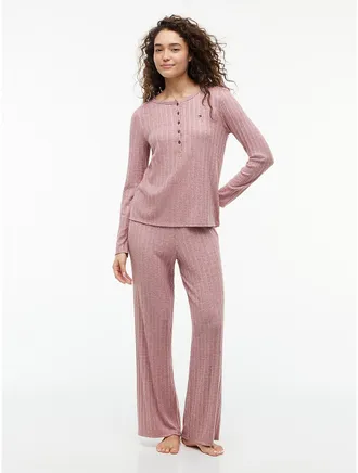 Tommy Hilfiger Womens Henley T-Shirt & Pant Sleep Set - Rose Brown - XL