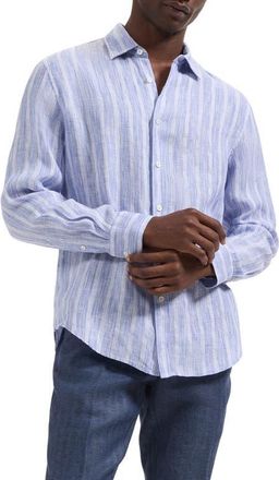Bugatchi Julian Shaped Fit Stripe Linen Button-Up Shirt in Classic Blue at Nordstrom, Size Xxx-Large