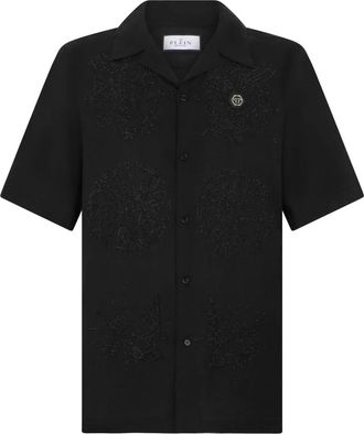 Philipp Plein Overhemden, Heren, Zwart, S, Linnen, Geborduurd Linnen Bowling Shirt Tattoo Strass