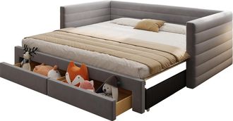 STILVORA Cama Nido 90 X 190 Cm Y 180 X 190 Cm De Lino Con 2 Cajones, Cabecero Tapizado, Sin Colch&oacute;n, Gris