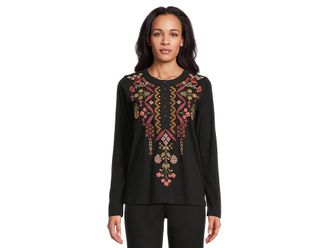 Johnny Was Mixed Media Henley T-shirt Womens Clothing Black : SM, Cotton