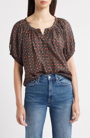 Dôen June Puff Sleeve Organic Cotton Top in Noir Montmartre Foulard at Nordstrom, Size Medium