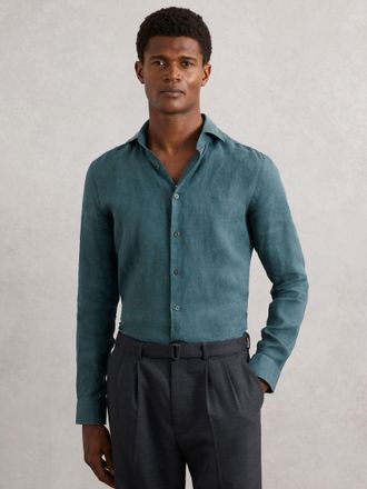 Reiss Orion Blue Linen Regular-fit Long-sleeve Shirt, Xxl