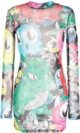 Philipp Plein Monsters-print long-sleeve dress - women - Cotton - S - Red