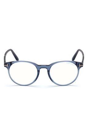 Tom Ford 49mm Round Blue Light Blocking Glasses in Shiny Blue /Blue Block at Nordstrom