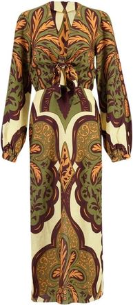 Johanna Ortiz Kleedjes, Dames, Veelkleurig, S, Linnen, Linnen Midi Jurk met Strikdetail