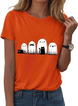 Generic Halloween Tshirts for Women Cute Pumpkin Funny Ghost Print V-Neck Tee Top, Funny Halloweencostume Party T-Shirt Happy Halloween Costume Tee Shirts Sho