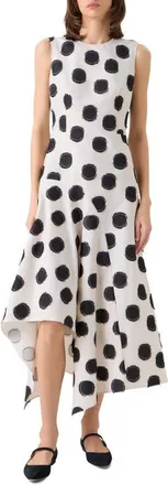 Akris Fringed Fil Coup&eacute; Polka Dot Jacquard Asymmetric Fit & Flare Dress in Cream-Black at Nordstrom, Size 12