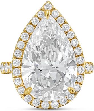 Diana M. Jewels 18kt yellow gold 5cts pear lab grown diamond halo ring with pave band
