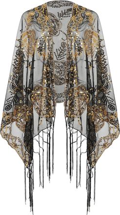Babeyond 1920s Sequined Shawl Wraps for Women Fringed Evening Cape Wedding Bridal Shawl Scarf for Evening Dresses Party, N-black Gold, One Size