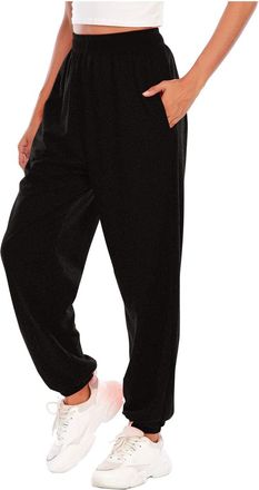 Generic Baggy Sweatpants Womens Solid Colour Loose Sports Trousers Elastic Waist Casual Sportswear with Pockets Gym Home Workout Joggers Simple Style Trousers