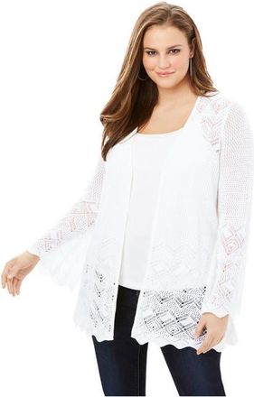Roaman's Bell Sleeve Pointelle Cardigan in White at Nordstrom, Size 28