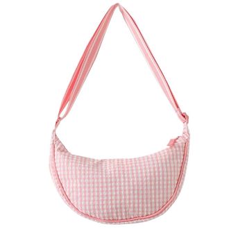 Generic Plaid Nylon Crossbody Bag Lightweight Crescent Bag Handbag for Women (Pink)