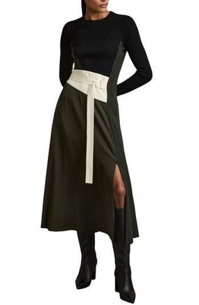 Reiss Emilina Mixed Media Long Sleeve Dress in Khaki/Black at Nordstrom Rack, Size 10 Us / 14 Uk