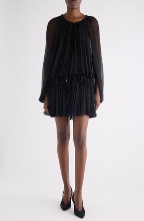 Chlo&eacute; Long Sleeve Organic Silk Muslin Cape Minidress in Black at Nordstrom, Size 4 Us