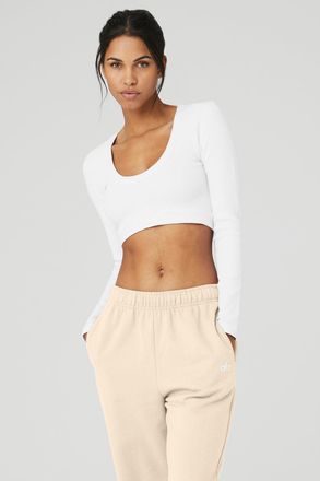 Alo | Seamless Ribbed Cropped Serene Long Sleeve Top in White, Size: Medium