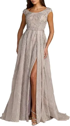 Mac Duggal Embellished Cap Sleeve High Slit A Line Gown in Taupe at Nordstrom, Size 18