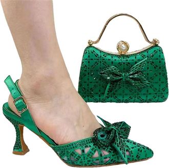 Generic Womens Wedding Bride Stiletto High Heel Shoes and Handbag Set Luxury Rhinestone Bow Decoration