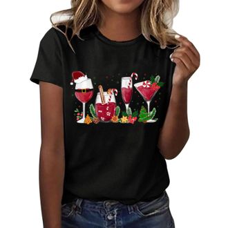 Generic Christmas Blouse Tops Woman Ladies Short Sleeve Tshirts Christmas Tree Printed Basic Tees Shirt Pullover Crew Neck Xmas Loose Sweatshirts Christmas T-