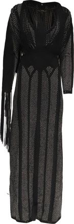 H&eacute;rve L&eacute;ger Knitted Fringed Long Sleeve Maxi Dress in Black Rayon