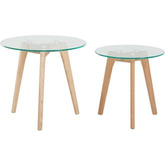Beliani Conjunto De 2 Mesas Nido Con Tapa De Cristal Redonda Transparente 3 Patas De Madera Clara Minimalista Escandinavo Missouri
