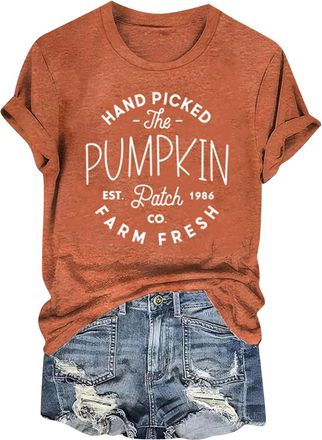 Generic Halloween T Shirt for Women Thanksgiving Shirts Cute Fall Graphic Tees for Party Festival Outdoor Wedding (Yellow, S)