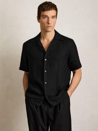 Reiss Black Linen Cuban-collar Shirt, Xxx