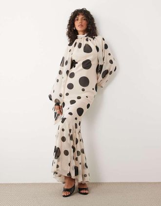 Asos Vestito lungo accollato in chiffon a pois con fondo godet-Multi