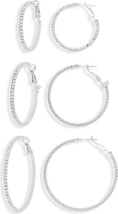 Tasha 3-Pack Pav&eacute; Crystal Hoop Earrings in Silver/Crystal at Nordstrom Rack