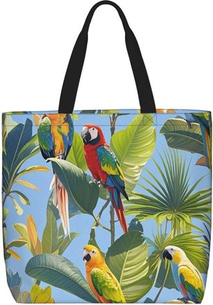 Generic Tropical Plants And Parrots Shopping Bag Foldable Grocery Bag Waterproof Shoulder Bags For Travel Work Ladies