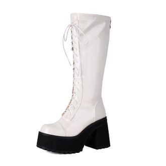Generic Womens Lace Up Knee High Boots with Zipper Patent Leather Long Boots Block High Heel Platform Boot,White,4.5 UK