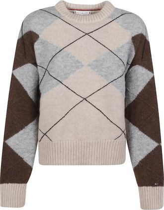 Tommy Hilfiger Argyle Oversized Alpaca Blend Jumper - Dames - Ronde hals truien - Veelkleurig - S - Nylon - Truien & Vesten