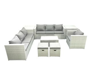 Fimous Wicker PE Rattan Sofa Garden Furniture Set with Armchair Oblong Coffee Table 2 Small Footstools 2 Side Tables Light Grey Mixed