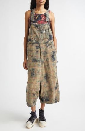 R13 Overdyed Plaid Cotton Flannel Jumbo Overalls in Bleached Orange Green Plaid at Nordstrom, Size X-Small
