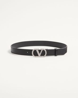 Valentino Garavani Cintura VLogo Signature In Vitello Lucido Con Cristalli 30 mm Donna NERO 065