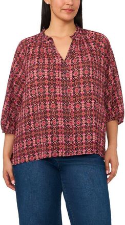 CeCe by Cynthia Steffe Scarf Print Split Neck Crepe Top in Rich Black/burgundy at Nordstrom, Size 1X